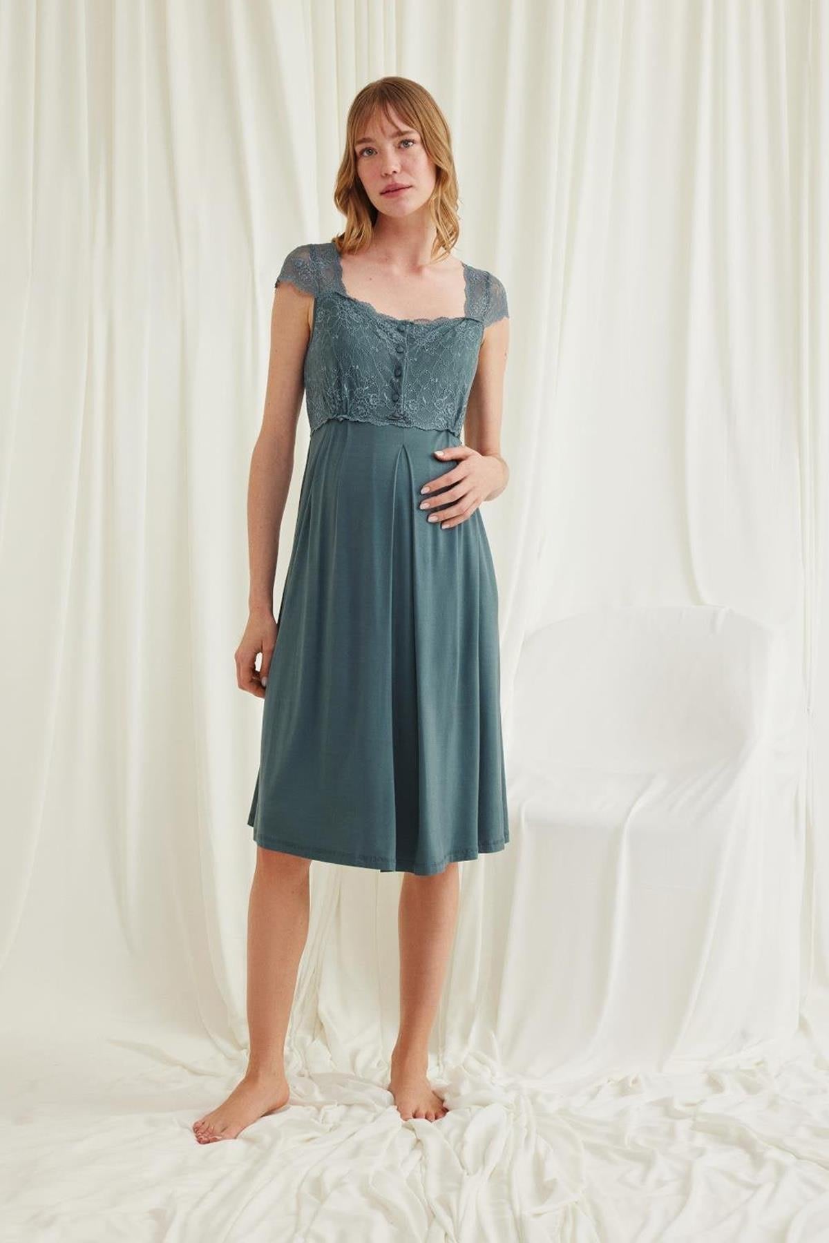 Monamise 18536 Lace Detailed Maternity Nightgown with Breastfeeding Features