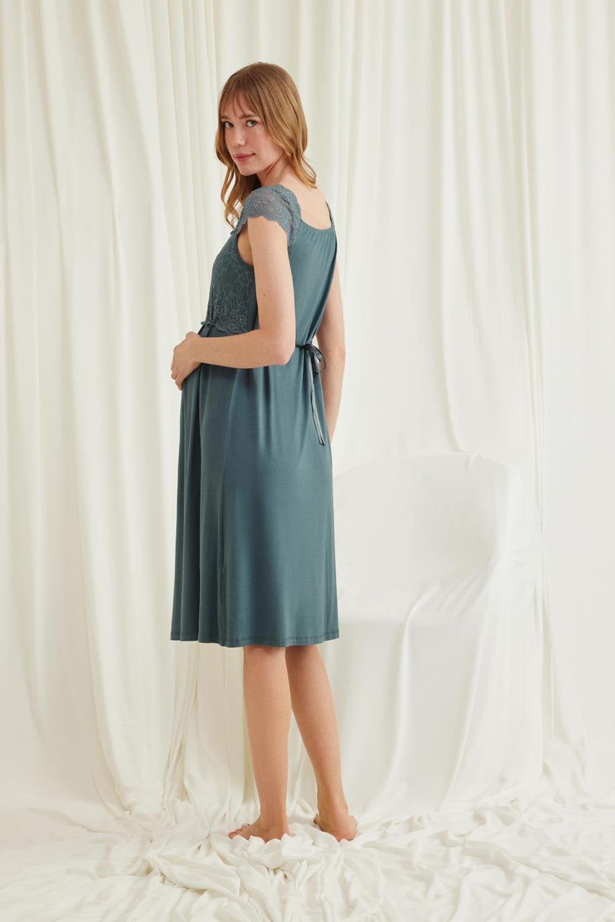 Monamise 18536 Lace Detailed Maternity Nightgown with Breastfeeding Features