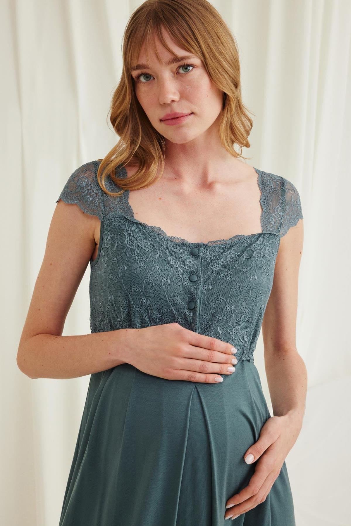Monamise 18536 Lace Detailed Maternity Nightgown with Breastfeeding Features