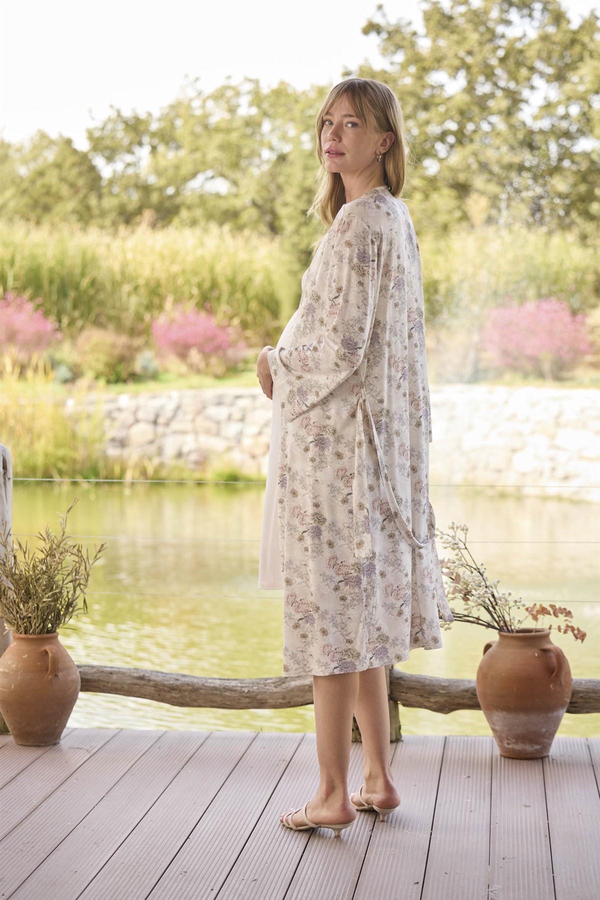 Monamise 24077 Çiçek Desenli Emzirme Özellikli Sabahlıklı Lohusa Gecelik