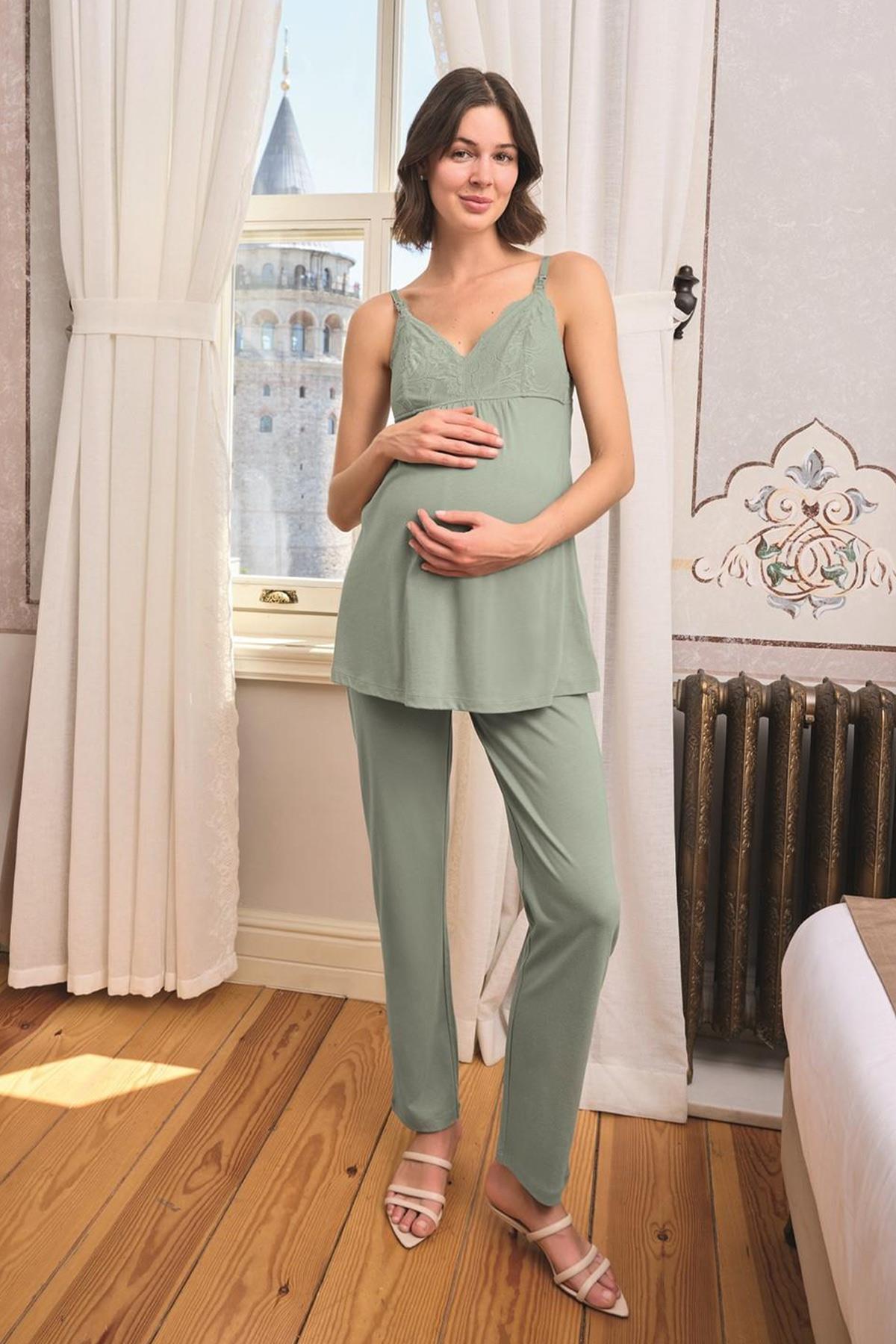 Monamise 24164 Yaprak Desenli Dantelli Hamile Lohusa 3'lü Pijama Takımı