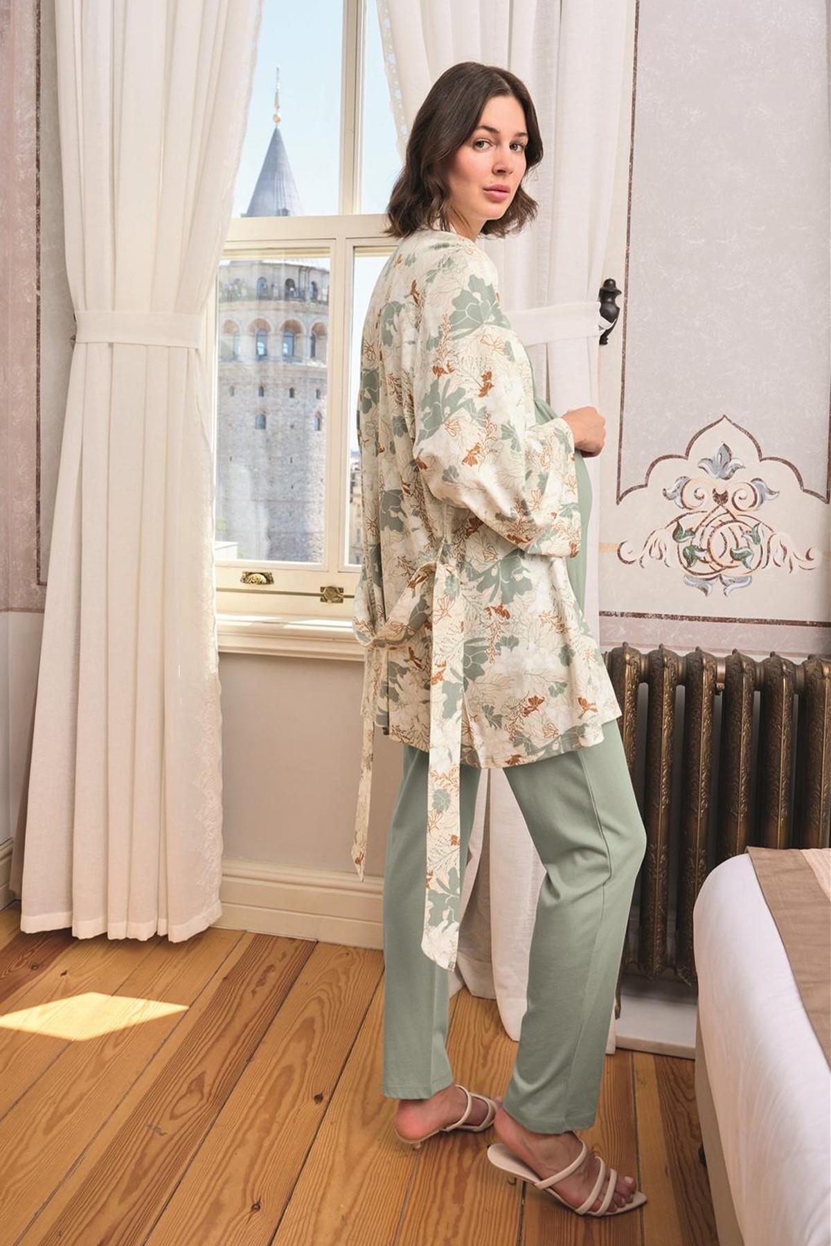 Monamise 24164 Yaprak Desenli Dantelli Hamile Lohusa 3'lü Pijama Takımı