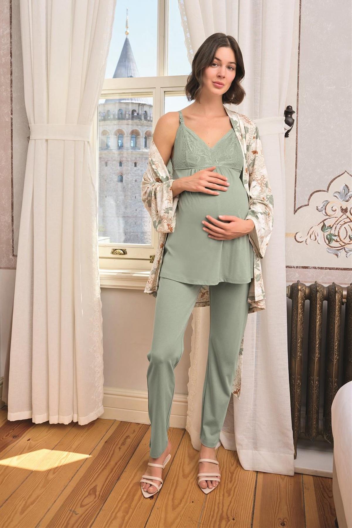 Monamise 24164 Yaprak Desenli Dantelli Hamile Lohusa 3'lü Pijama Takımı