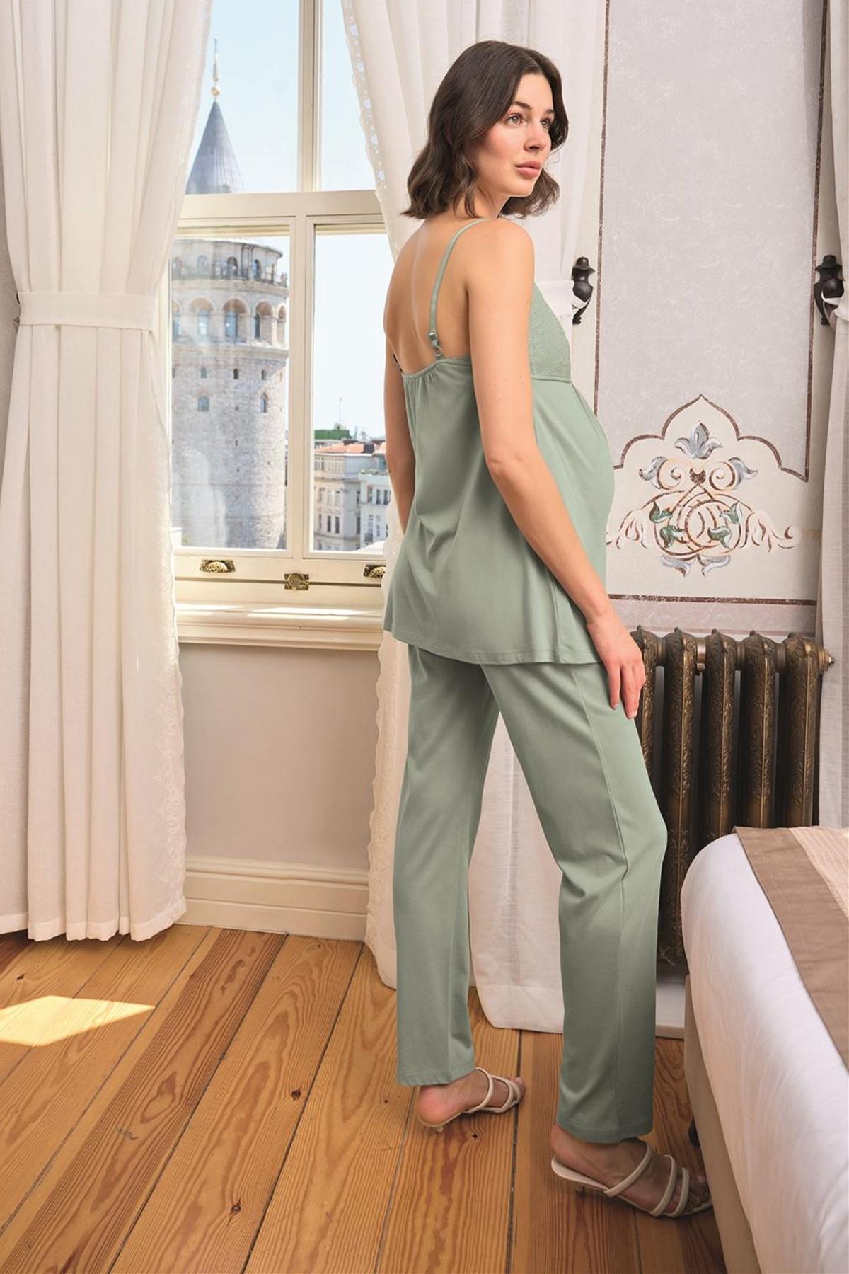 Monamise 24164 Yaprak Desenli Dantelli Hamile Lohusa 3'lü Pijama Takımı