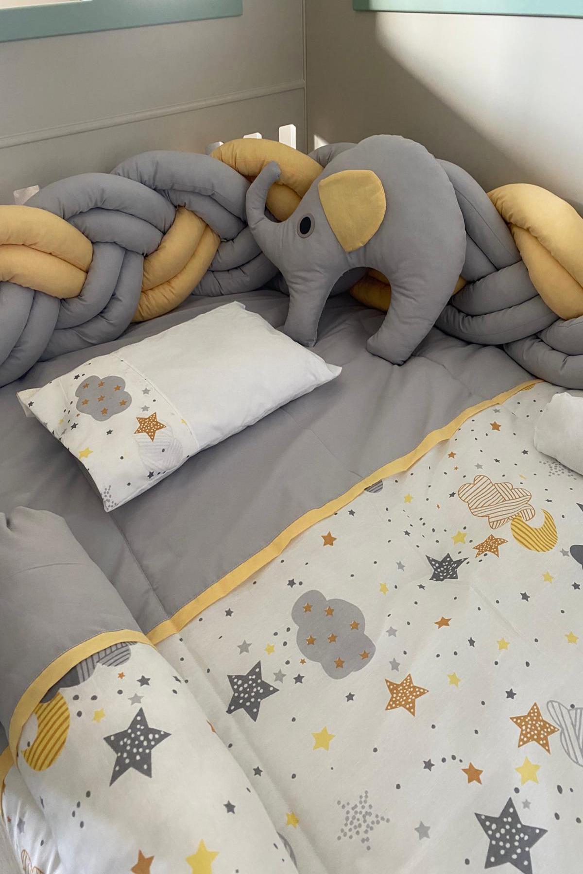 Montessori Yatak Lüx Gri-Sarı Desenli 9lu Bebek Uyku Seti