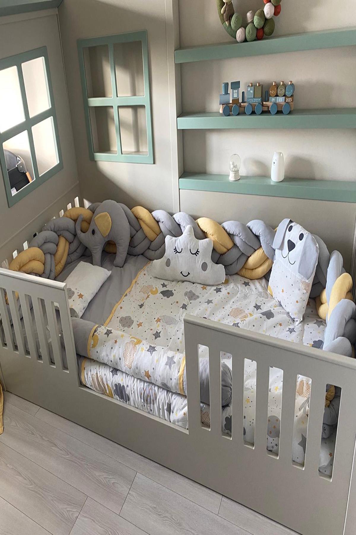 Montessori Yatak Lüx Gri-Sarı Desenli 9lu Bebek Uyku Seti