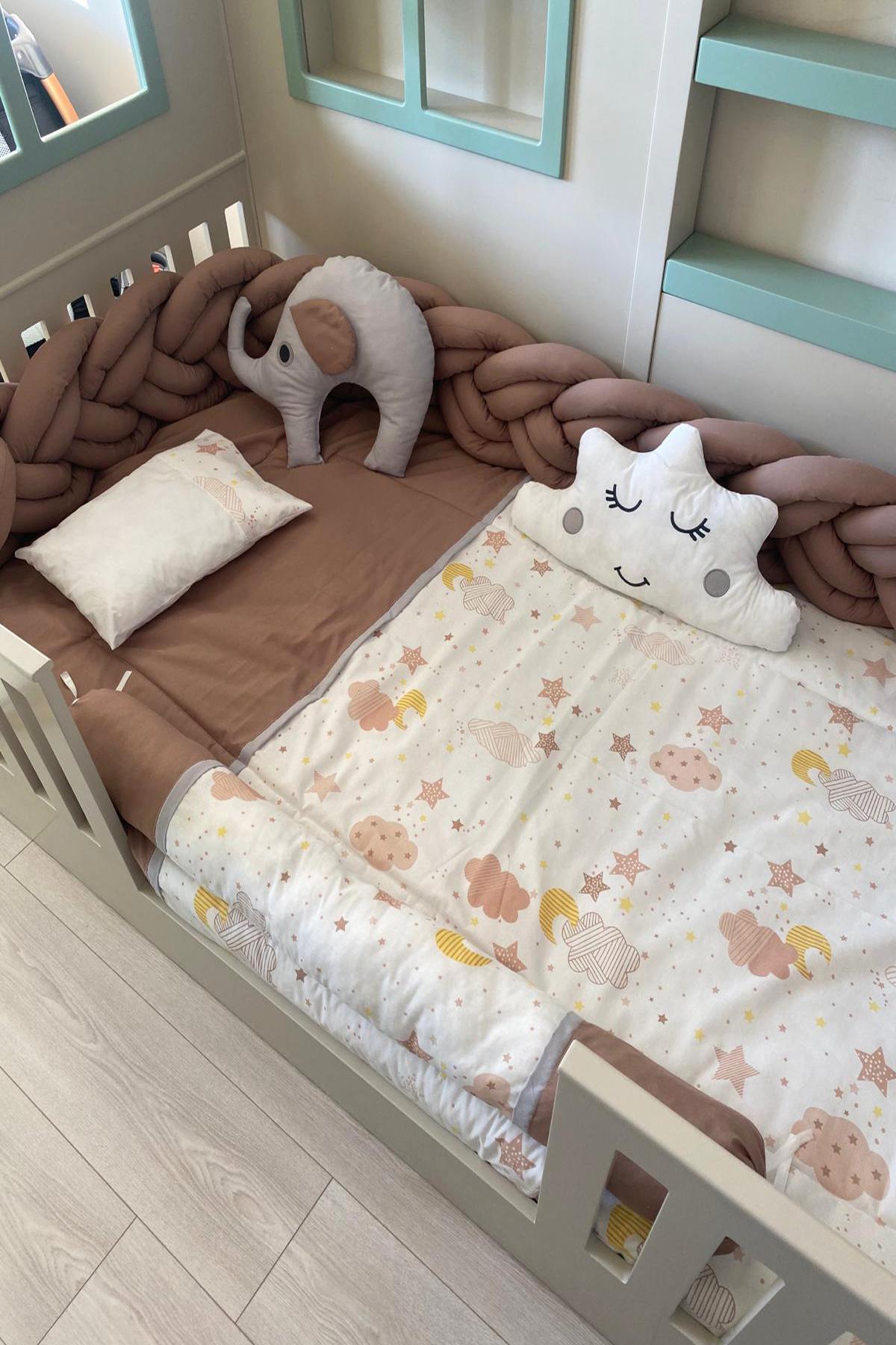 Montessori Yatak Lüx Kahve Desenli 9lu Bebek Uyku Seti