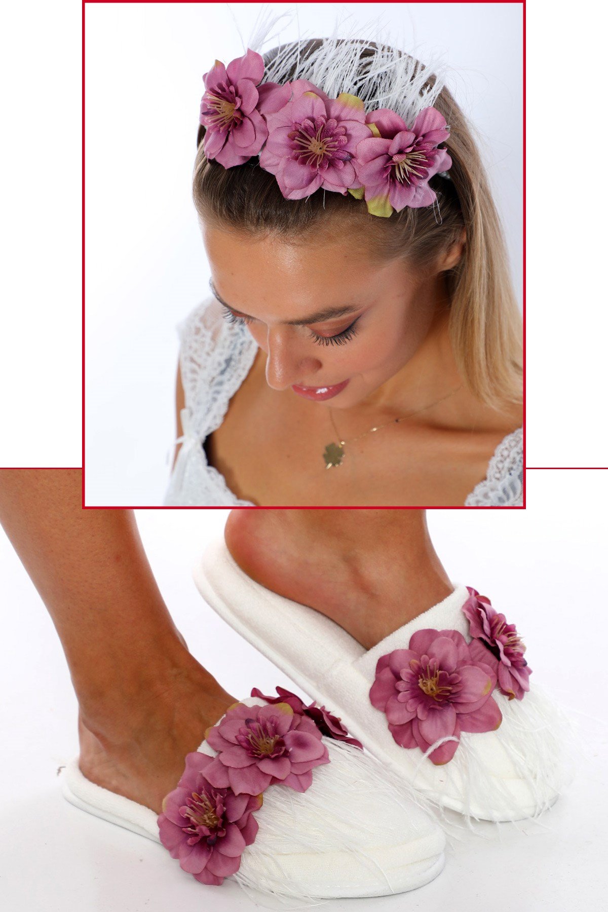 Mor Tüylü Lohusa tac ve Lohusa Terlik Seti