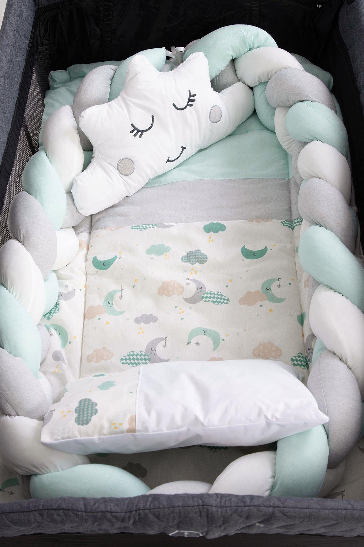 Örgülü Park Beşik 6lı Mint Bebek Uyku Seti