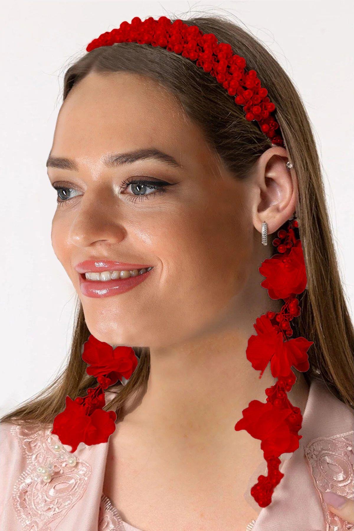 Özel Tasarım Kırmızı Sarkan Küpeli incili Lohusa Tacı