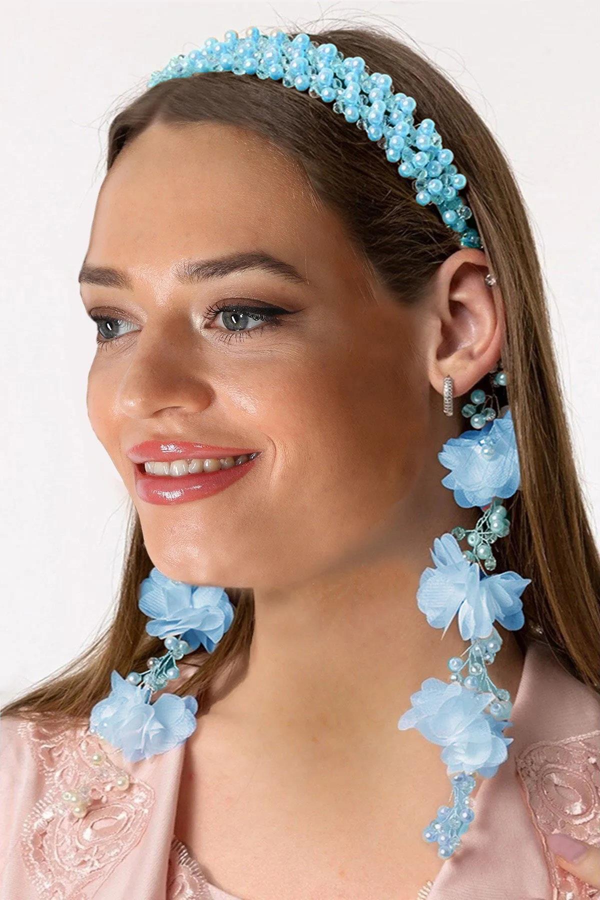 Özel Tasarım Mavi Sarkan Küpeli incili Lohusa Tacı