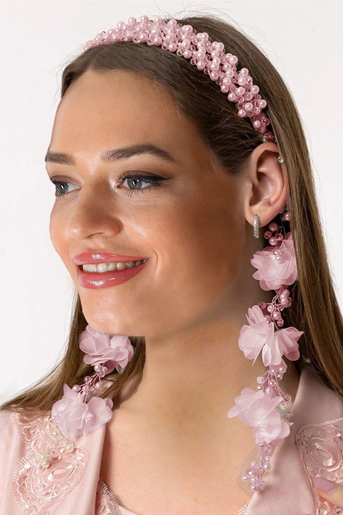 Özel Tasarım Pembe Sarkan Küpeli incili Lohusa Tacı