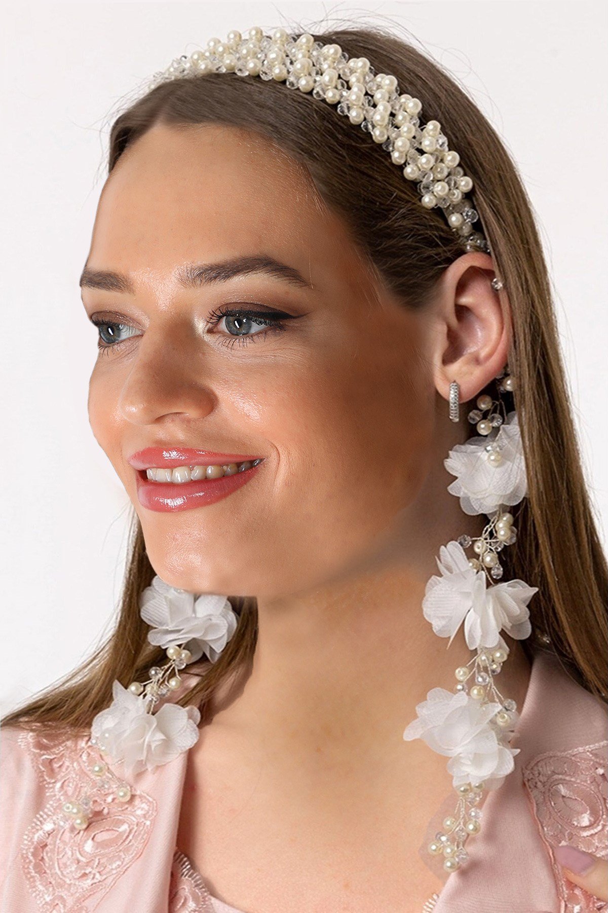 Özel Tasarım Sarkan Küpeli Beyaz incili Lohusa Tacı