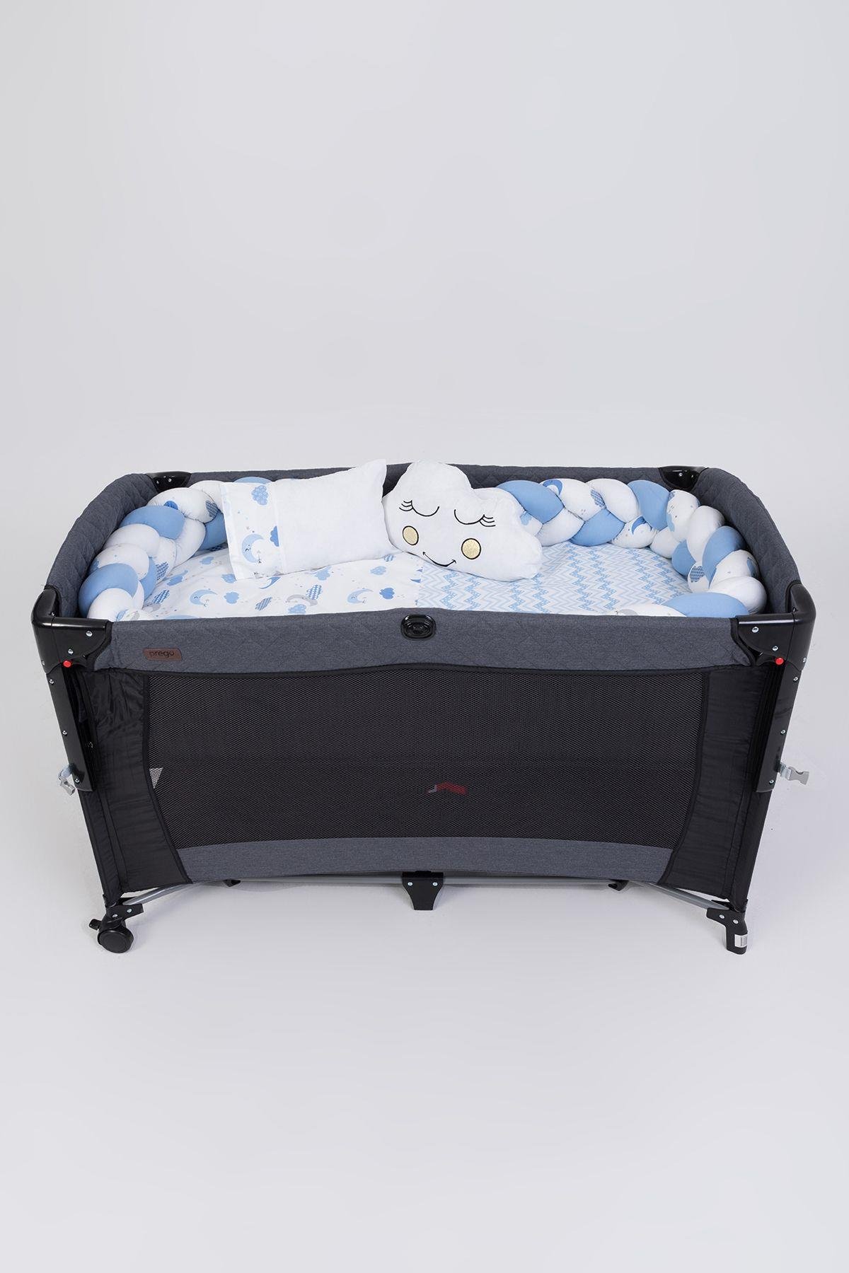 Park Beşik Mavi-Gri Desenli 6lı Bebek Uyku Seti