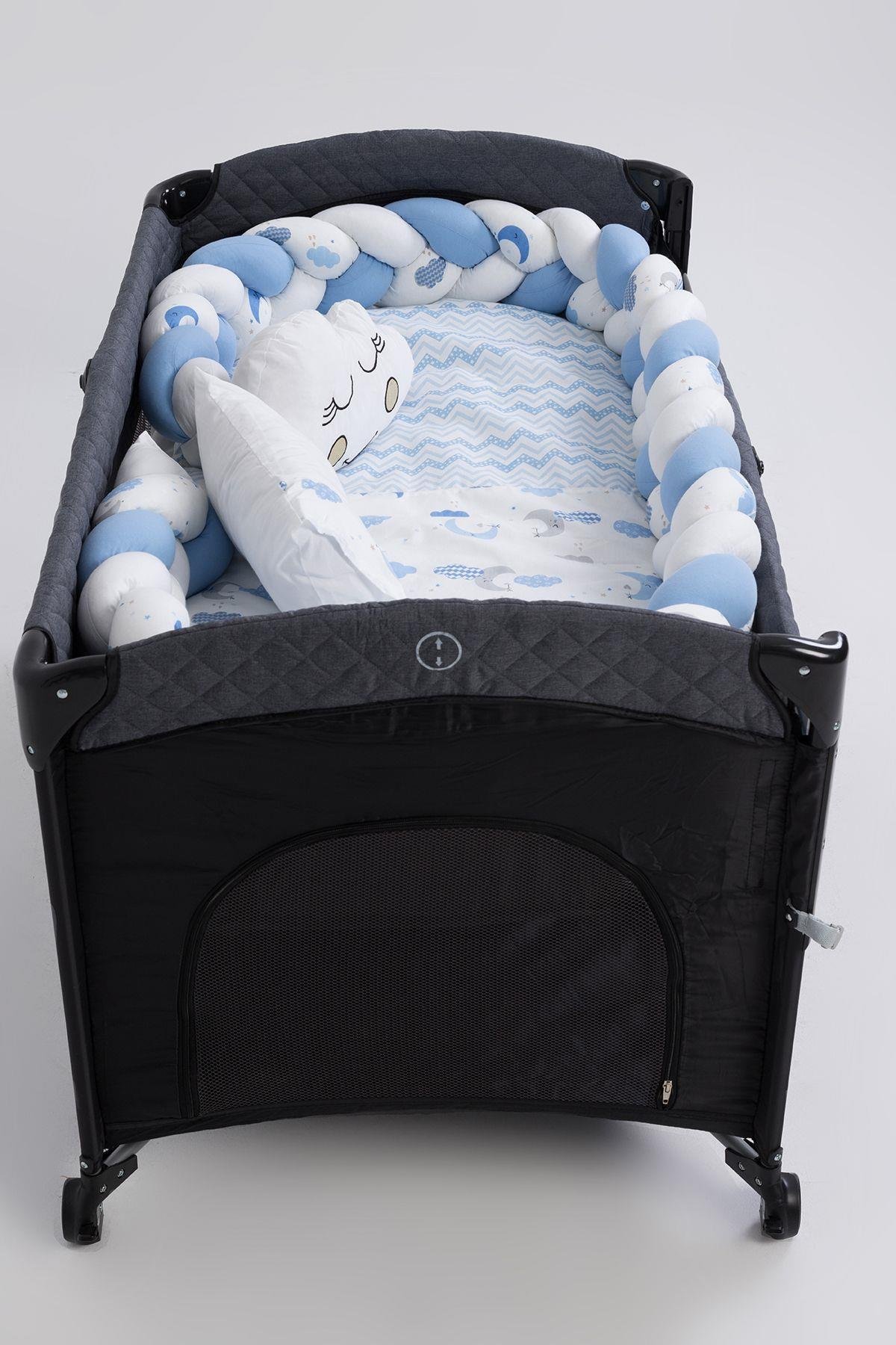 Park Beşik Mavi-Gri Desenli 6lı Bebek Uyku Seti