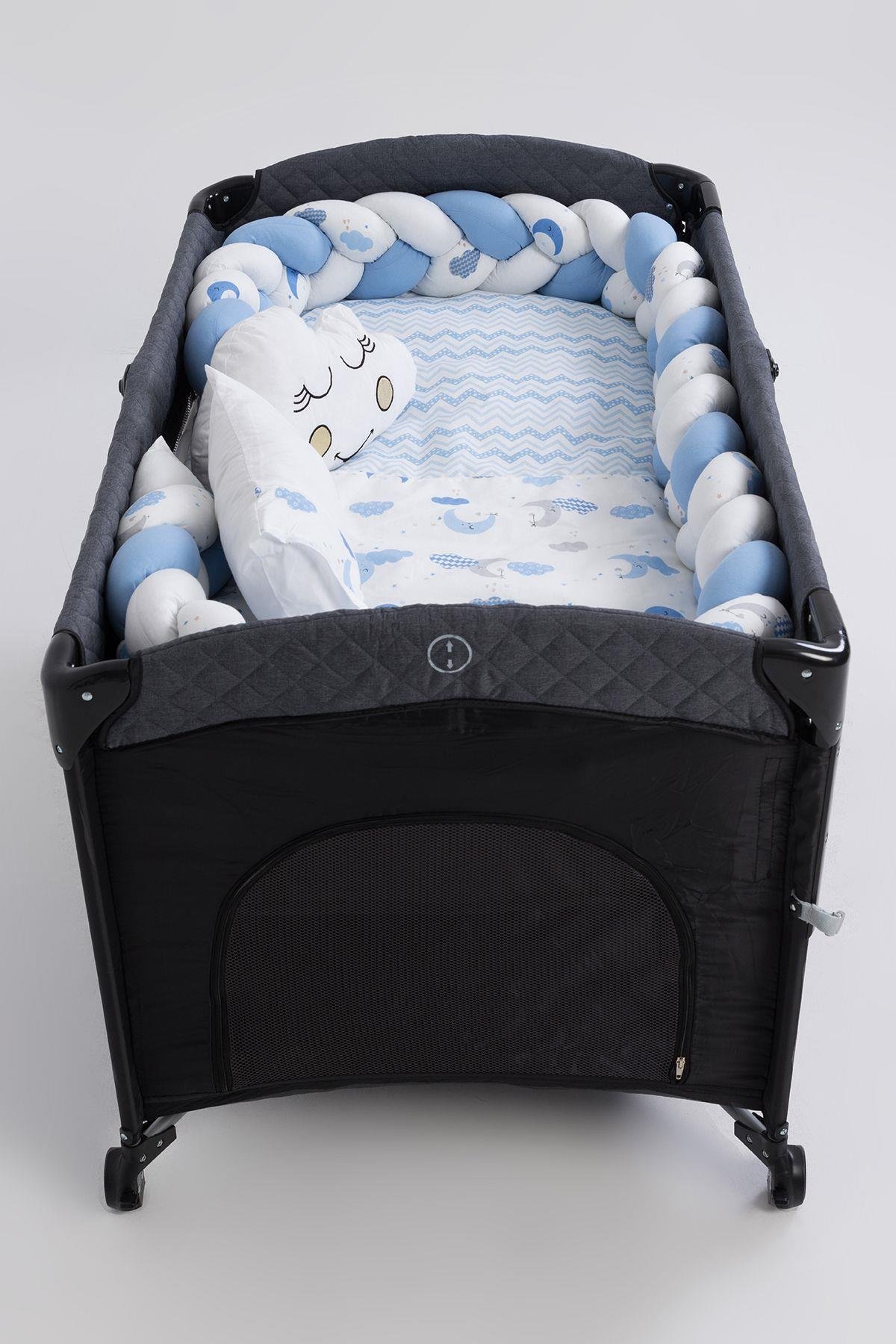 Park Beşik Mavi-Gri Desenli 6lı Bebek Uyku Seti