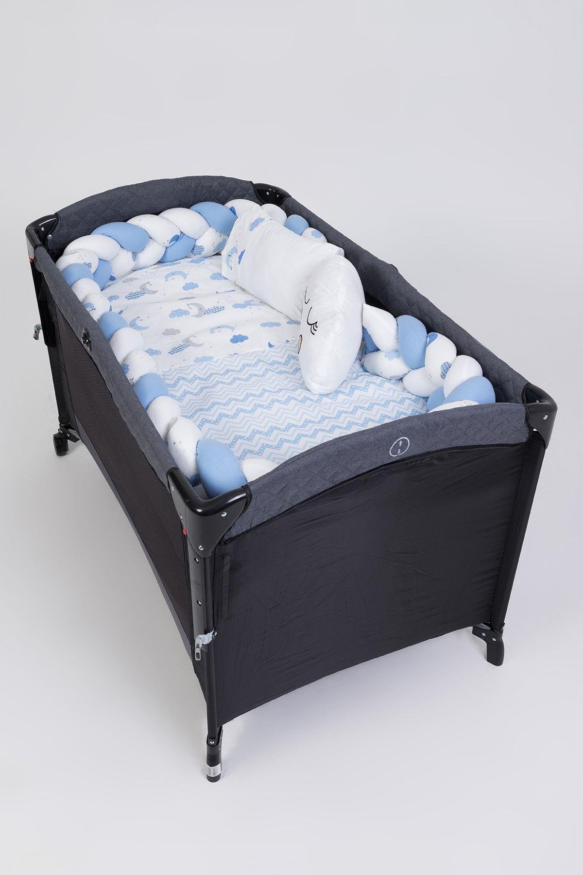 Park Beşik Mavi-Gri Desenli 6lı Bebek Uyku Seti