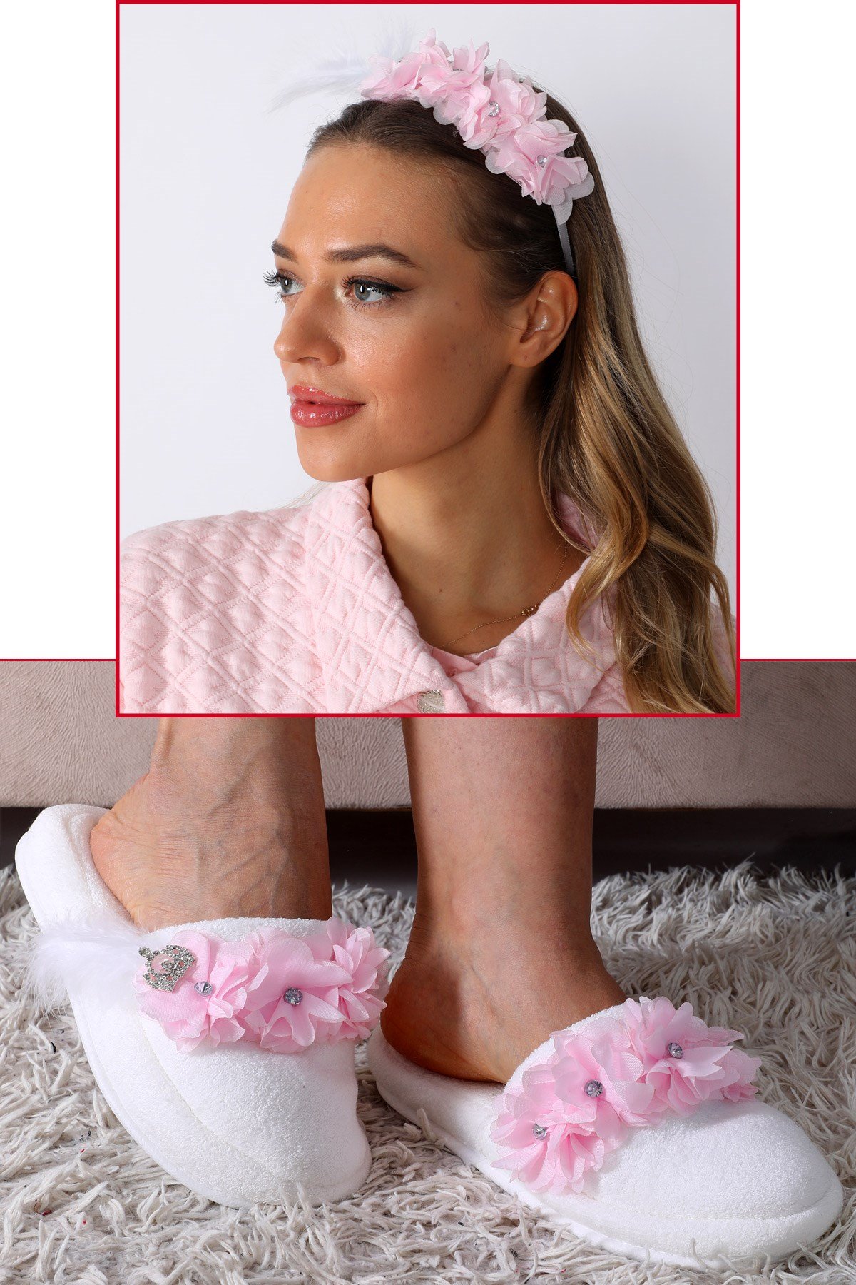 Pembe Lotus Lohusa tac ve Lohusa Terlik Seti