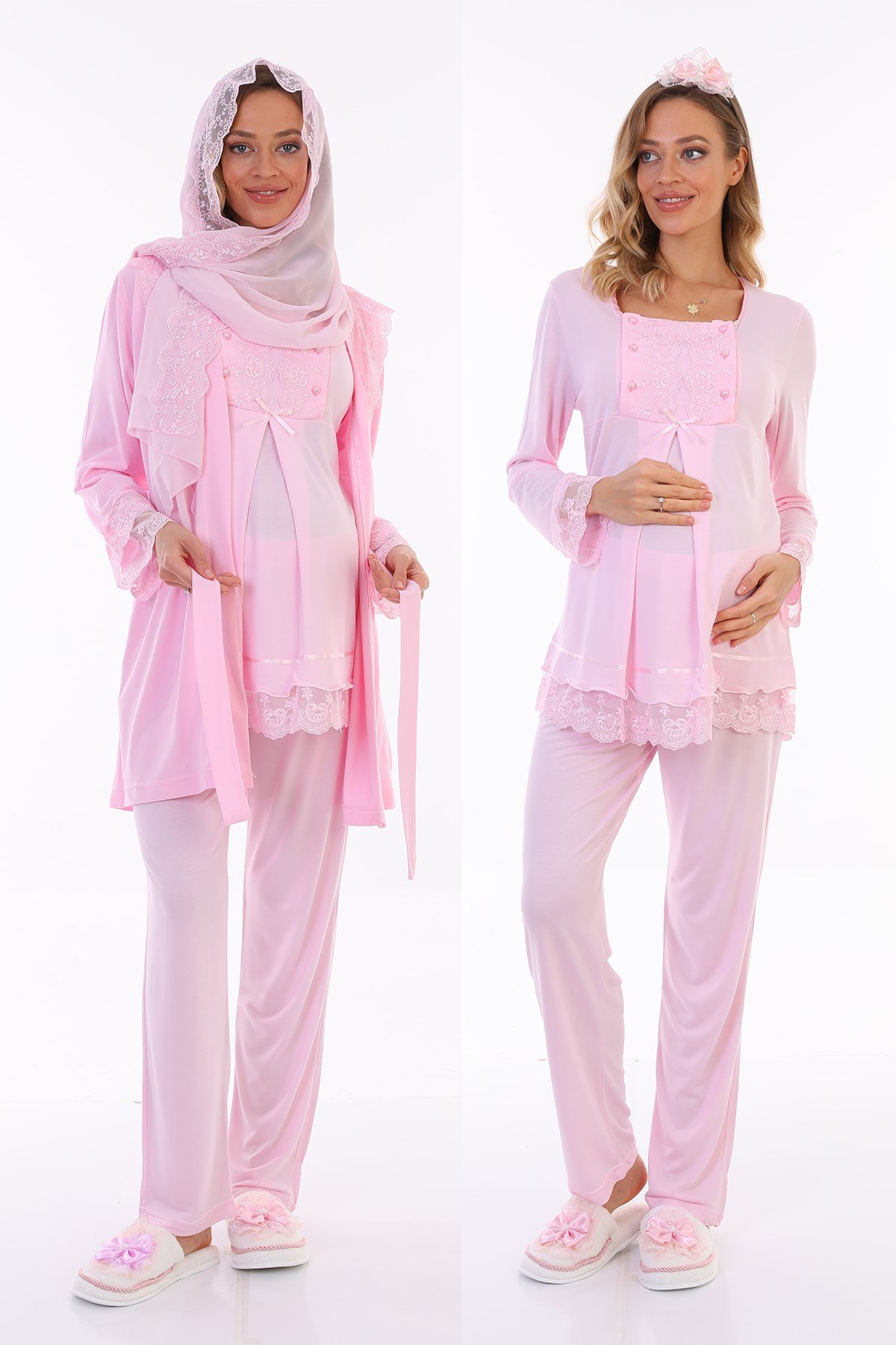 Pembe Tesettür Sabahlıklı Lohusa hamile 6lı Set 30440