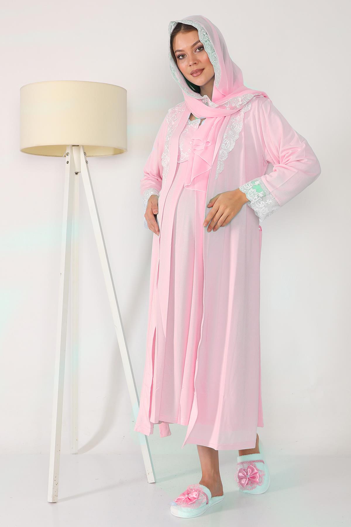 Pembe Tesettürlü Sabahlıklı Lohusa Gecelik Takımı