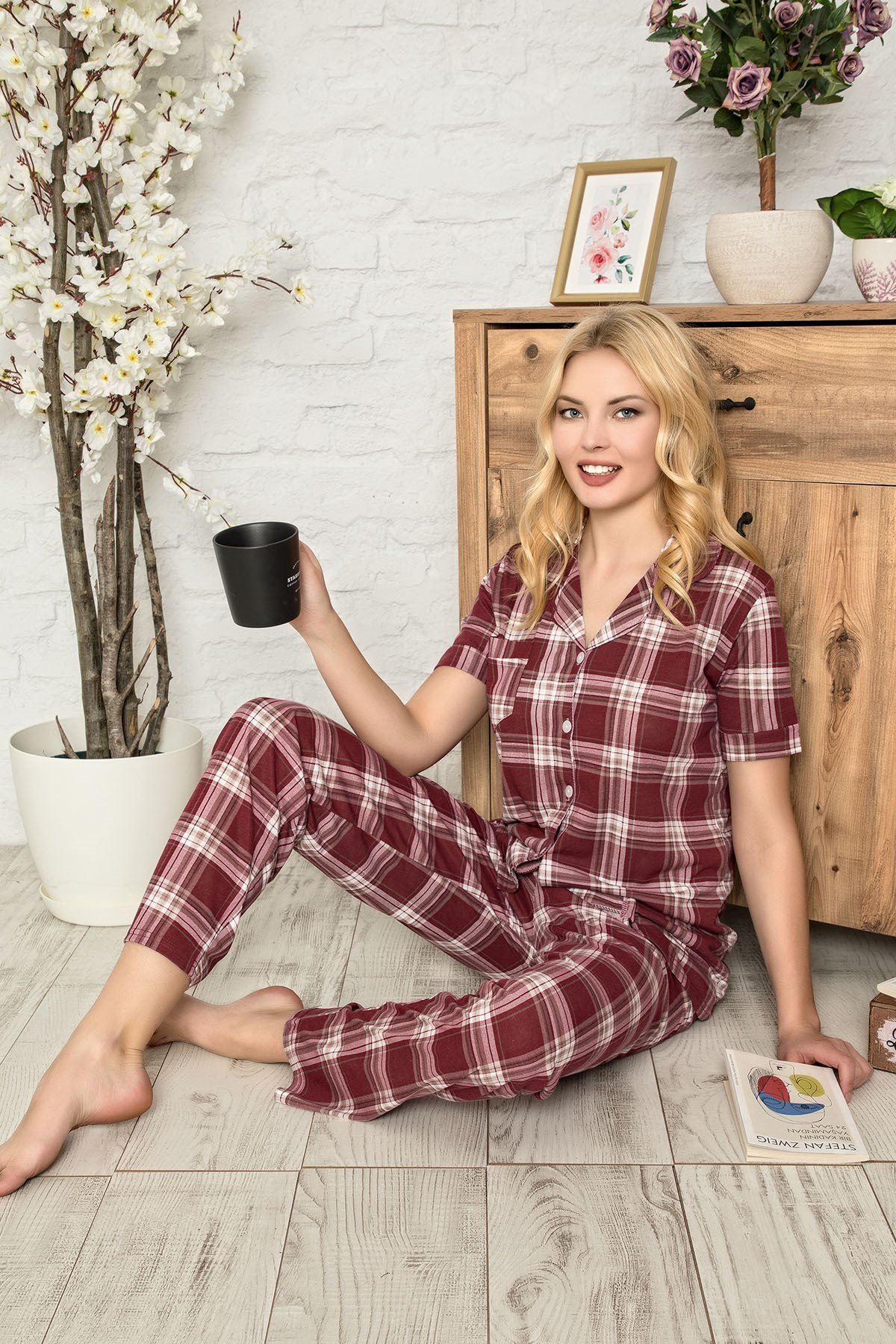 Polat Yıldız 60310 Ekoseli Önden Düğmeli Lohusa Pijama