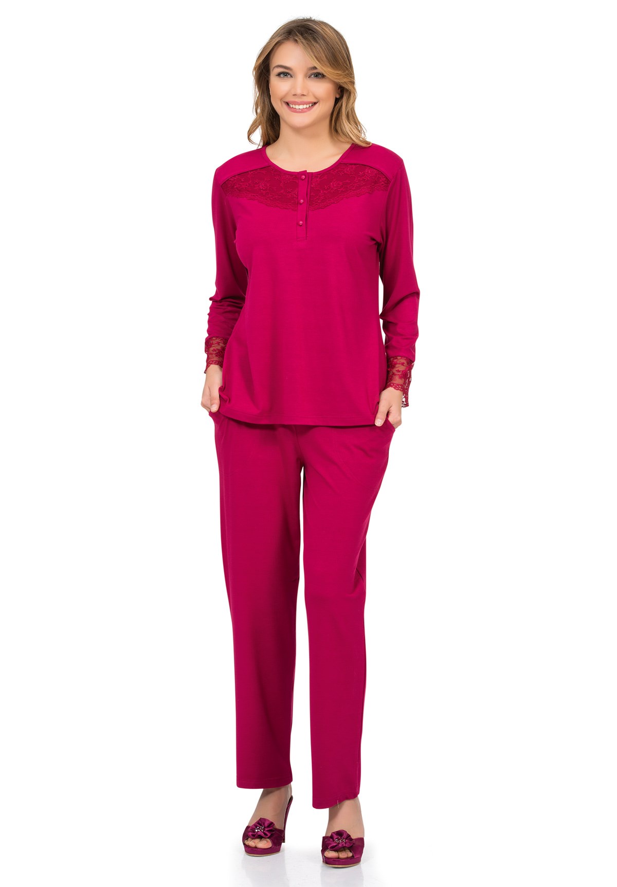Poleren 5956 Kolları Dantelli Lohusa Pijama Takımı