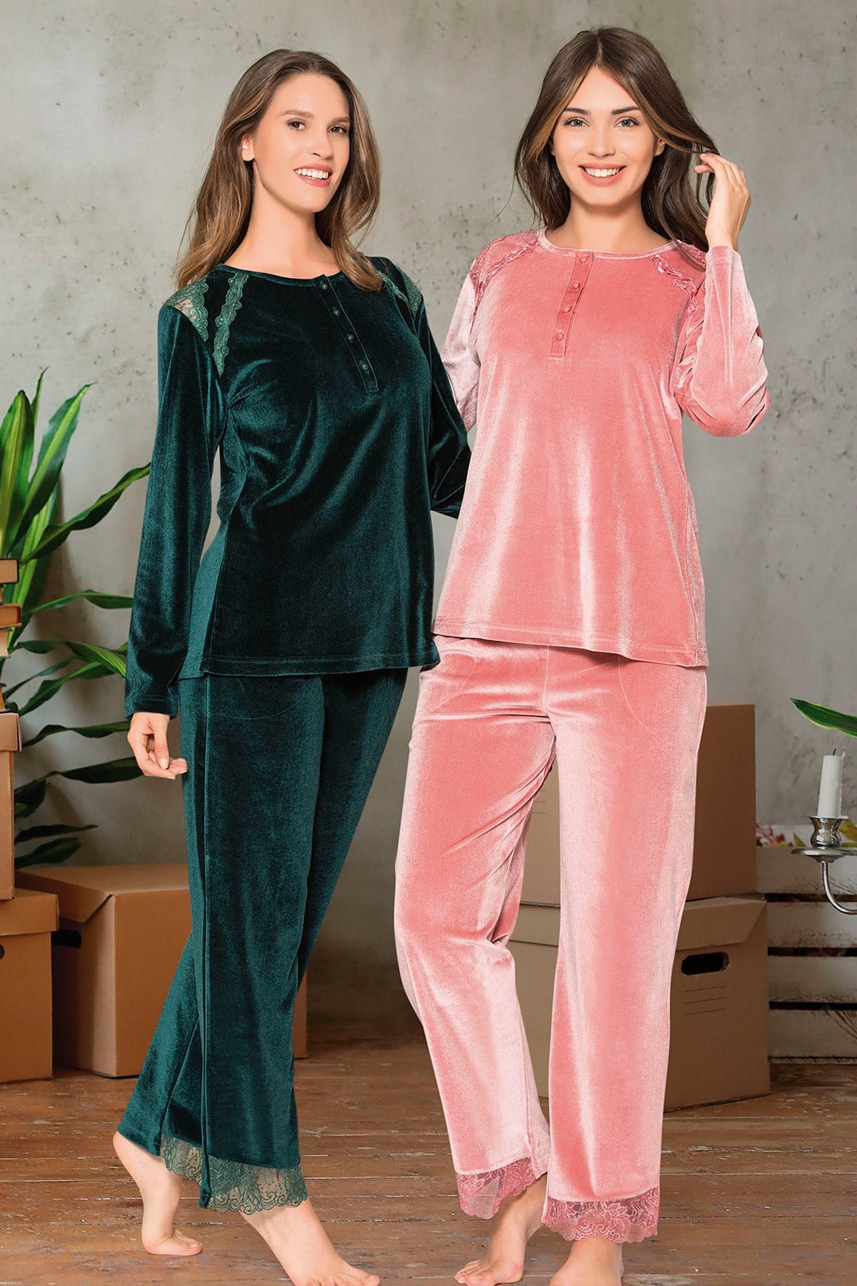 Poleren 6182 Kadife Düğmeli Lohusa Pijama Takımı