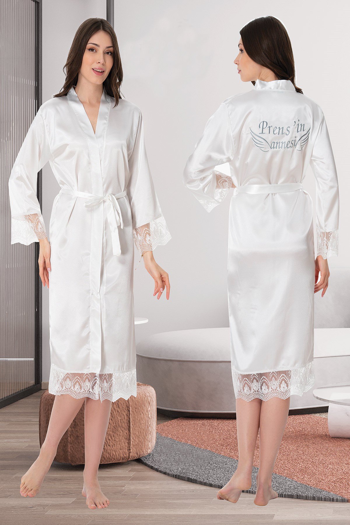 Prens'in Annesi Yazılı Ekru Uzun Lohusa Saten Sabahlık