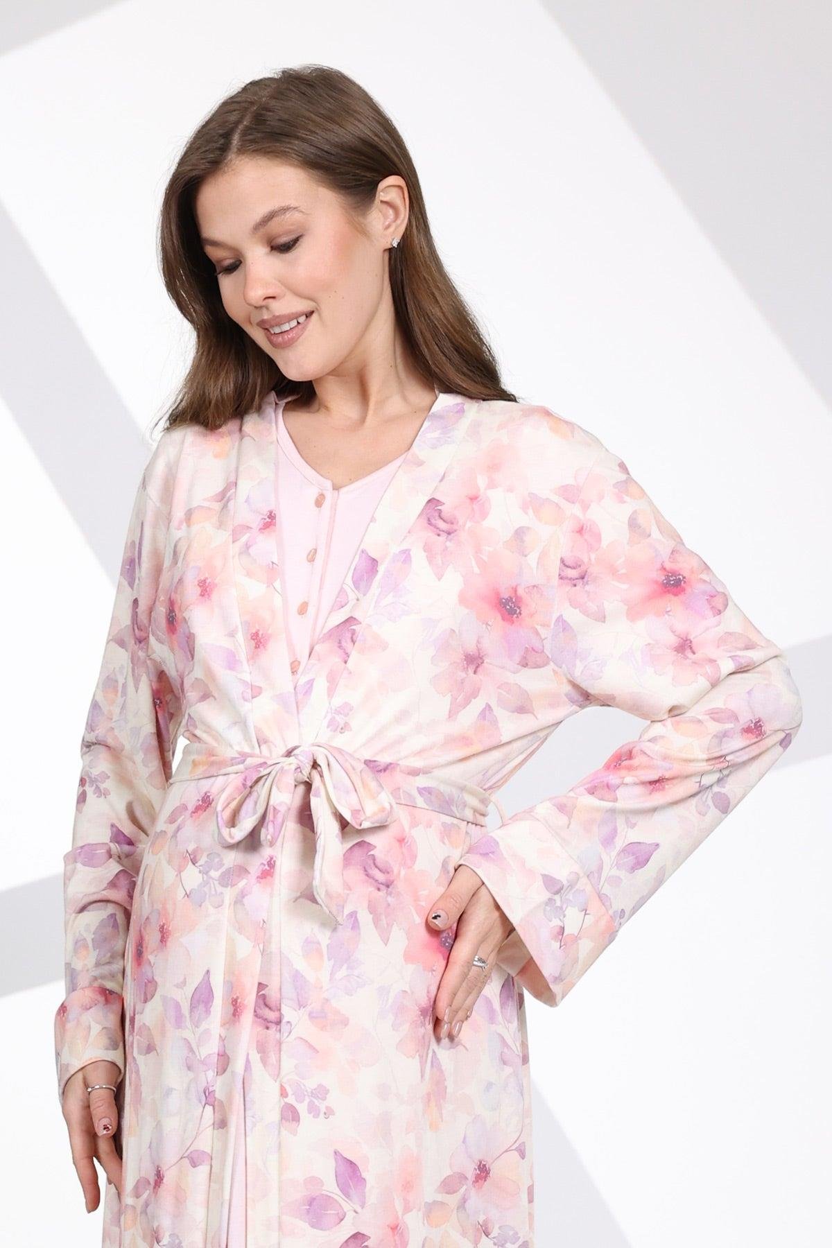 Rimel Life 700 Pembe Dantelli Kol Lohusa Gecelik ve Desenli Sabahlık Takımı
