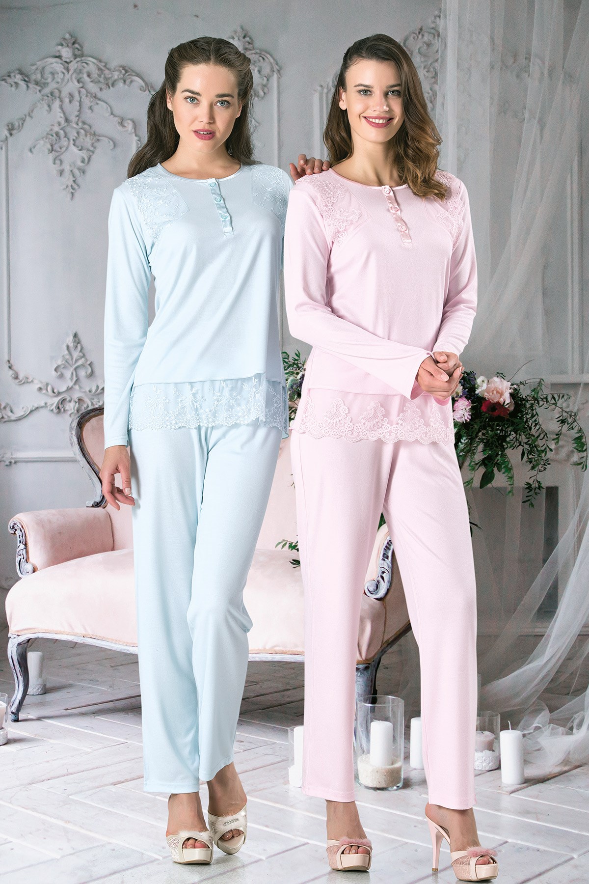Rozalinda 2239 TP Omuzları Dantelli Lohusa Pijama Takımı