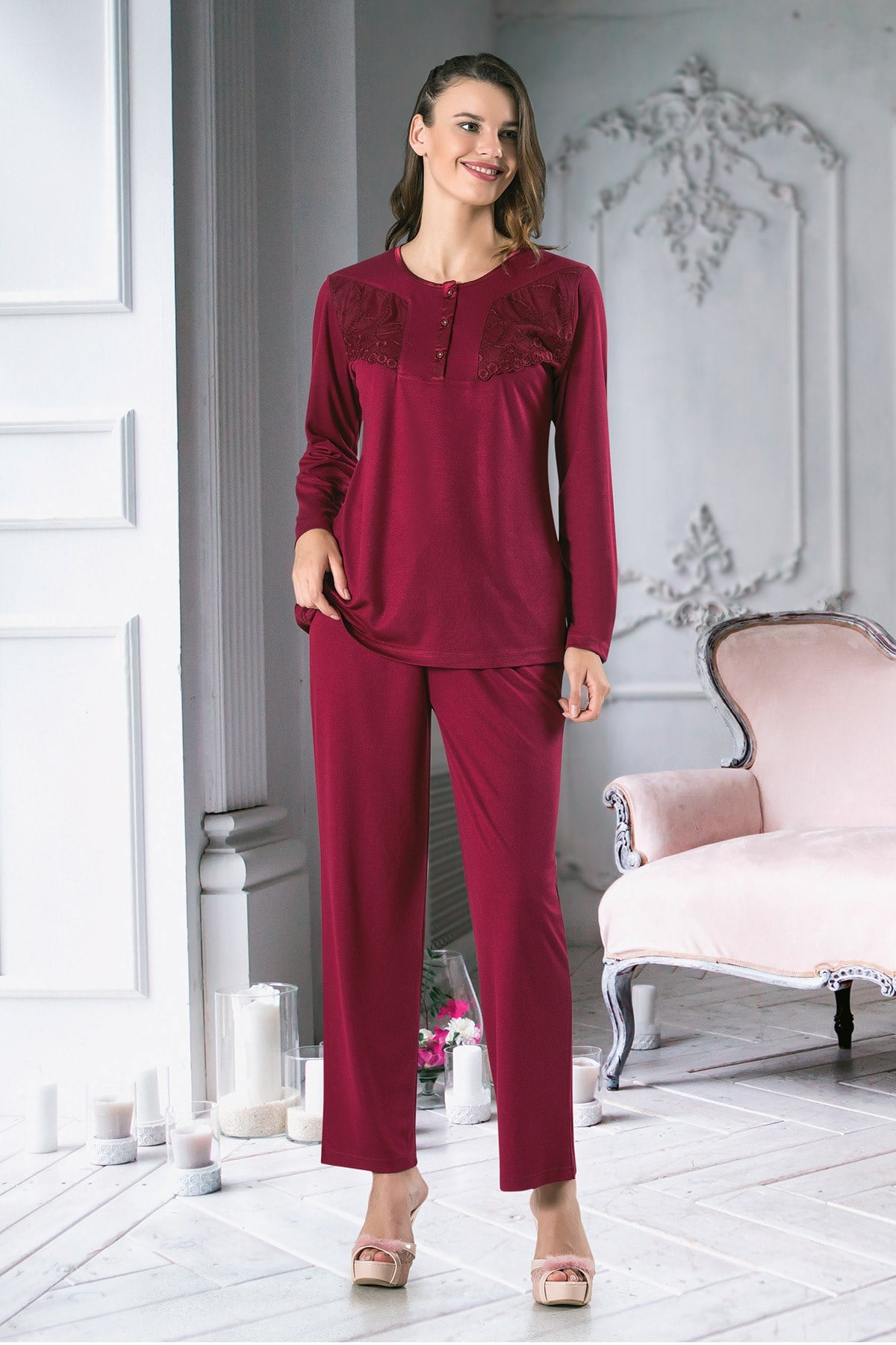Rozalinda 2242 Büyük Beden Bordo Lohusa Pijama