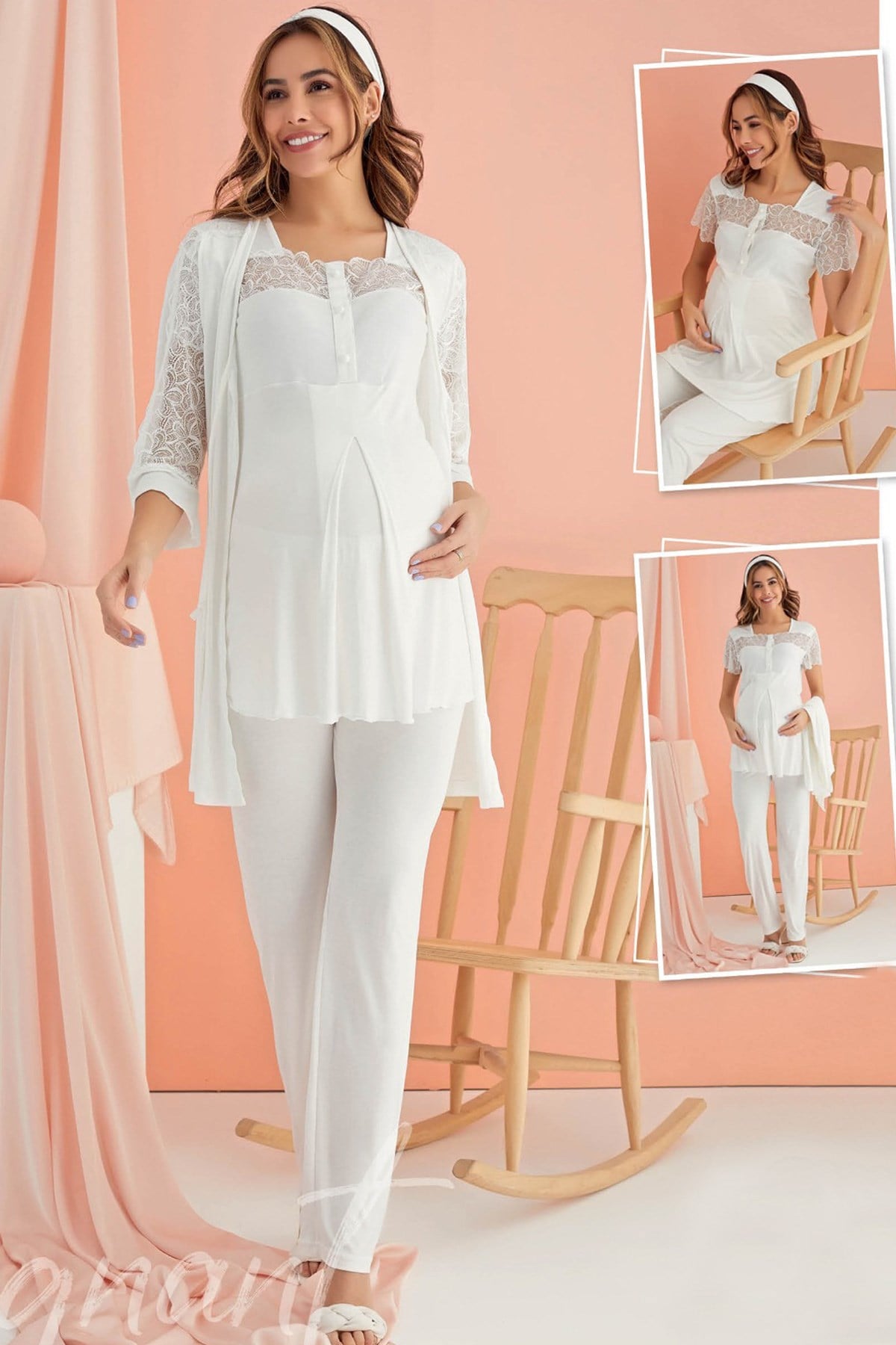 Seramony 36009 Ekru Dantel Detaylı Sabahlıklı Lohusa Pijama Takımı