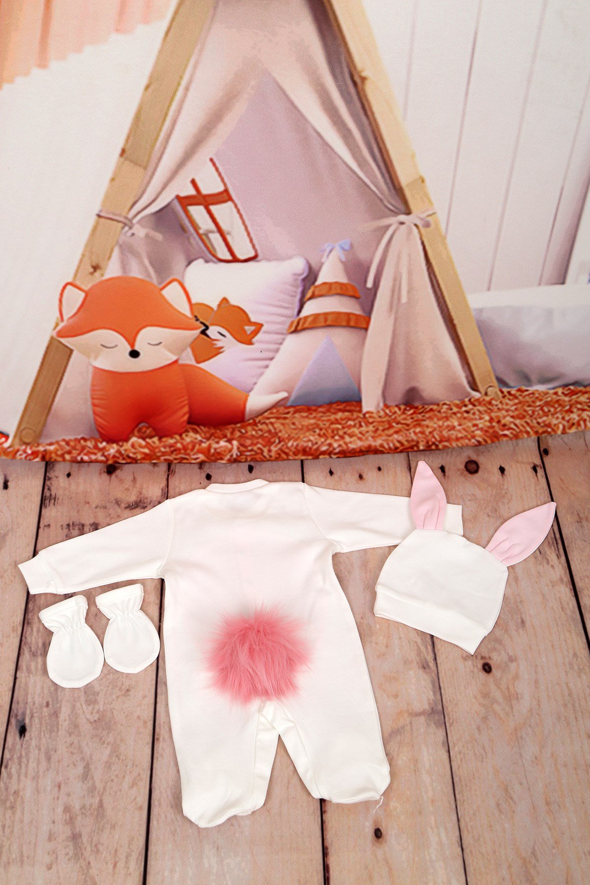 Tavşanlı Ekru-Pembe 3'lü Tulum Seti