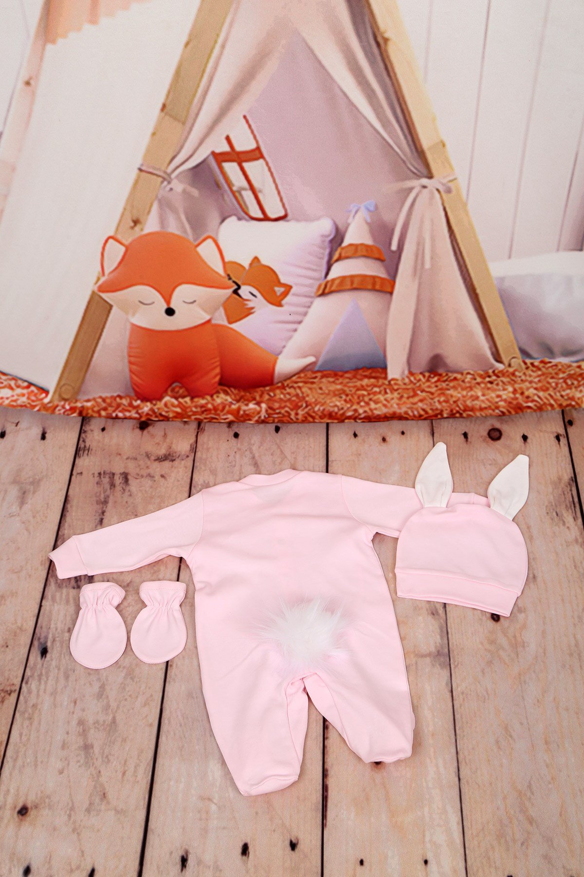 Rabbit Model Baby Pink-Ecru 3 Pieces Romper Set 131
