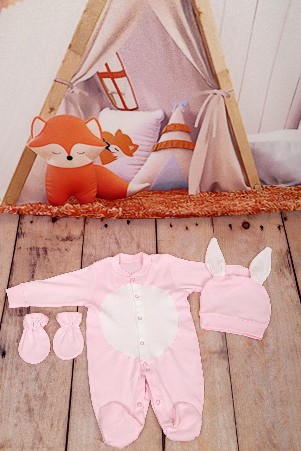 Rabbit Model Baby Pink-Ecru 3 Pieces Romper Set 131