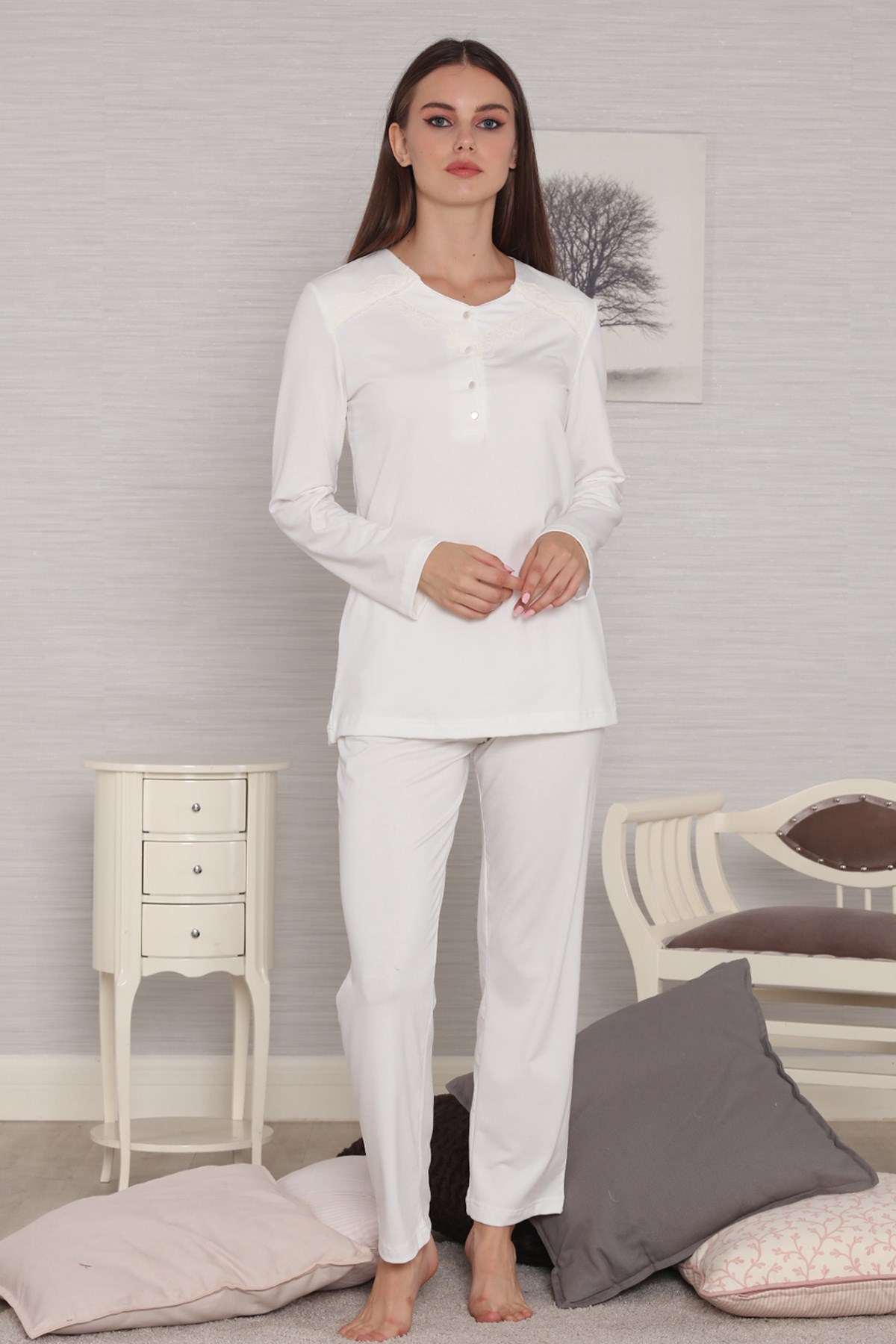 Tuba 560 Puan Dantel Sabahlıklı Lohusa Pijama Takımı