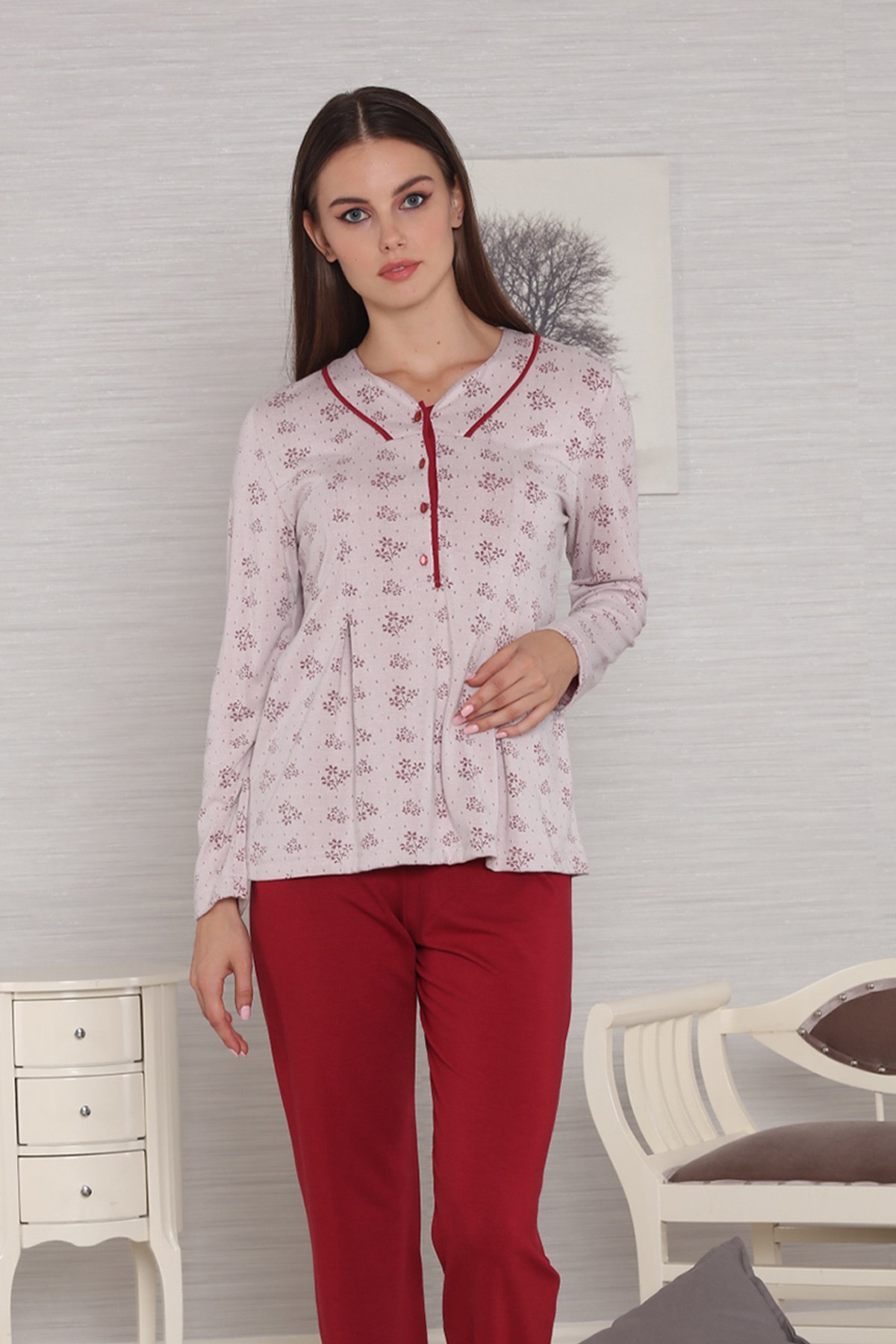 Tuba 564 Bordo Sabahlıklı Lohusa Pijama