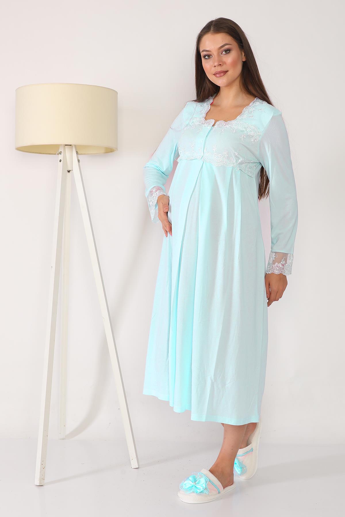 Turkuaz Tesettürlü Sabahlıklı Lohusa Gecelik Takımı