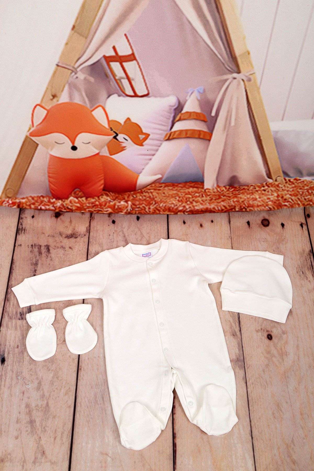 Yeni Doğan Patikli Ekru 3lü Bebek Tulum Seti