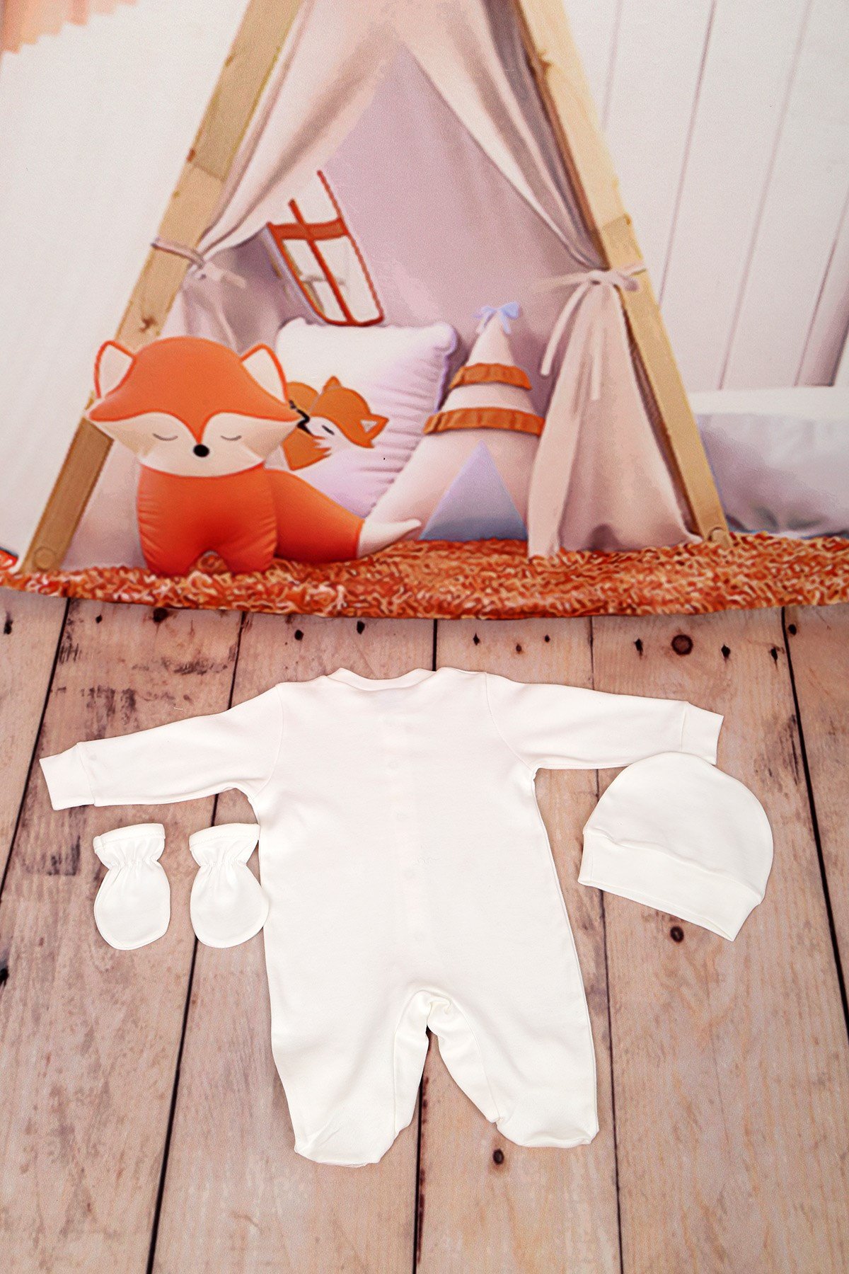 Yeni Doğan Patikli Ekru 3lü Bebek Tulum Seti