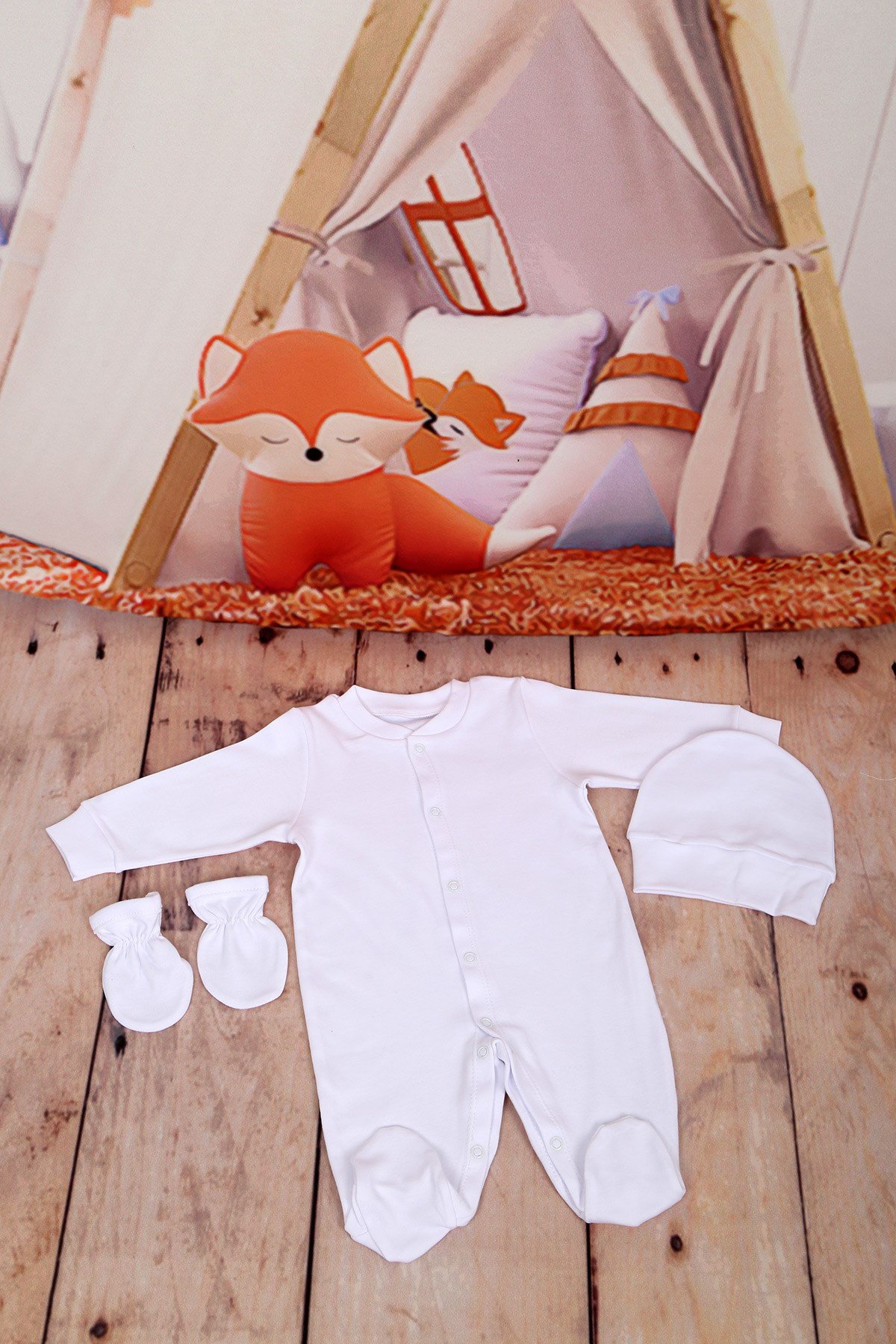 Yeni Doğan Patikli Ekru 3lü Bebek Tulum Seti