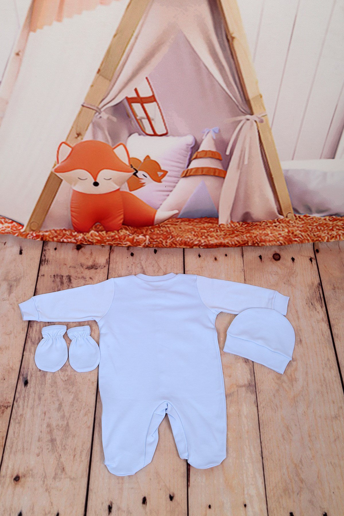 Yeni Doğan Patikli Mavi 3lü Bebek Tulum Seti