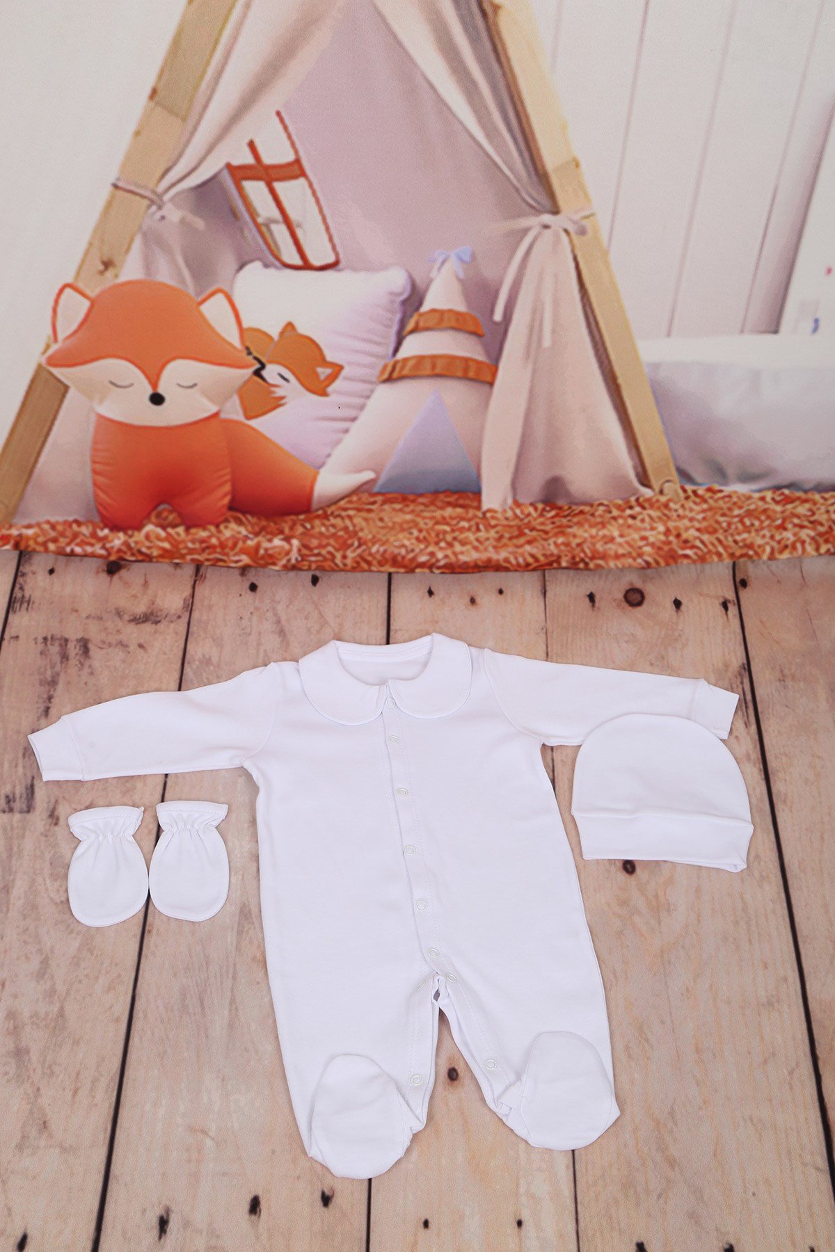 Yeni Doğan Yaka Detaylı Beyaz 3lü Bebek Tulum Seti