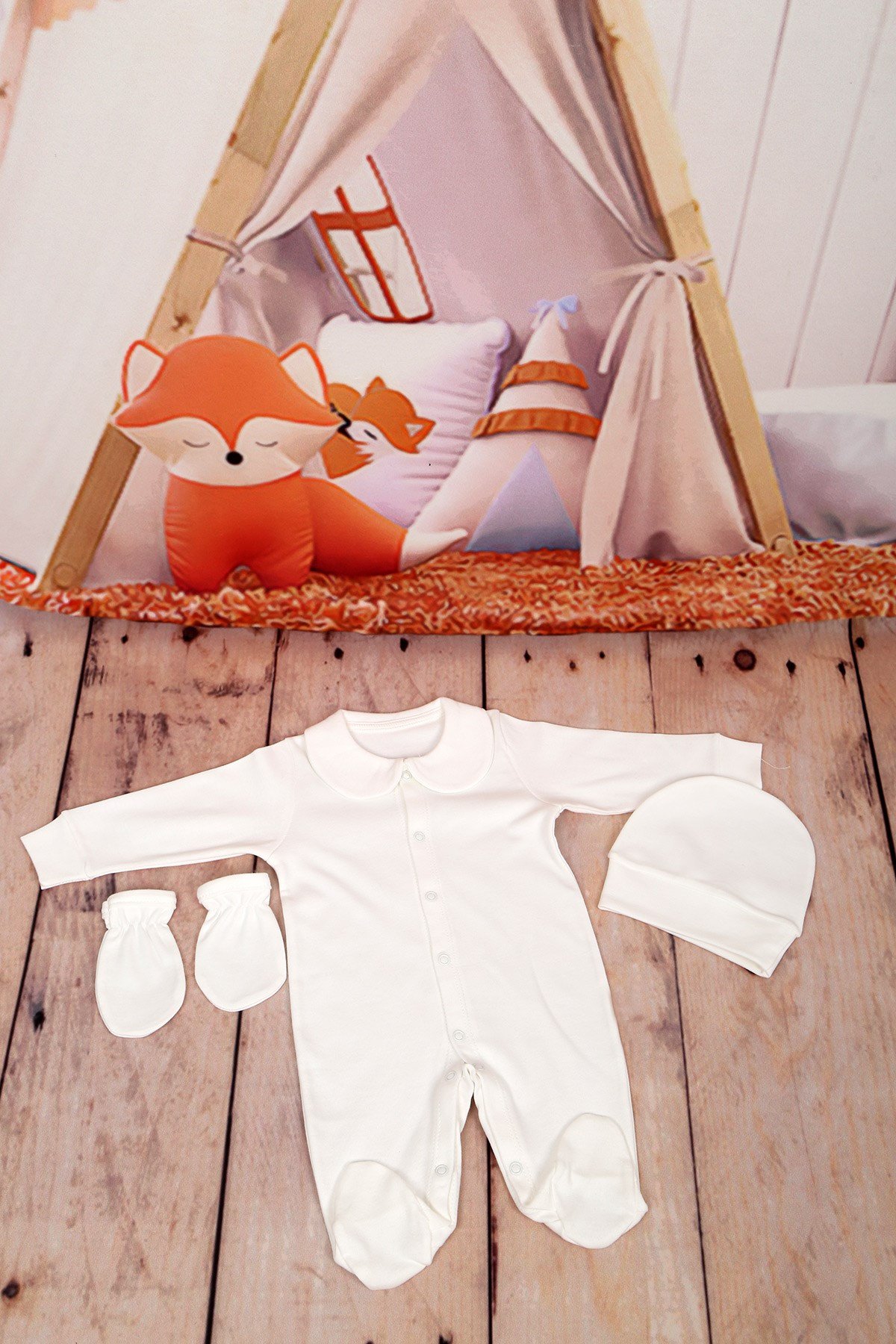 Yeni Doğan Yaka Detaylı Ekru 3lü Bebek Tulum Seti