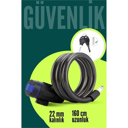 22mm Çelik Halatlı Bisiklet Kilidi - 160cm Anahtarlı Scoooter Motosiklet Kilidi 722486