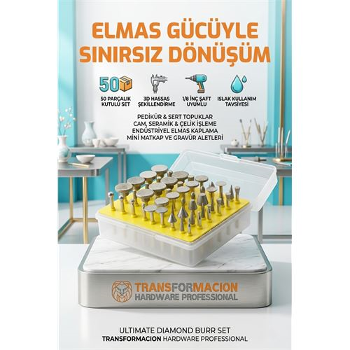 50 Parça Elmas Uçlu Döner Törpü ve Freze Seti - Pedikür Nasır, Topuk, Cam ve Taş İşleme Uçları 723151