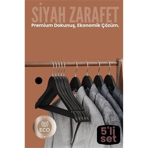 5'li Lüks Siyah Elbise Ceket Askısı - Ergonomik & Kaymaz Plastik Askı Seti -  Ahşap Görünümlü 722532