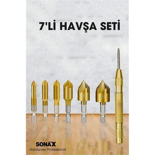 7'li Profesyonel Havşa Matkap Ucu Seti - HSS Titanyum Kaplı ve Otomatik Nokta Zımba 722454