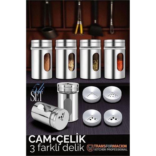 Cam+Çelik Tuzluk Biberlik Karabiberlik 3 Farklı Delikli 5 li SET 721945