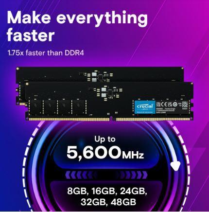 CRUCIAL 8GB DDR5 4800 CL40 1.1V UDIMM Single Desktop Memory CT8G48C40U5